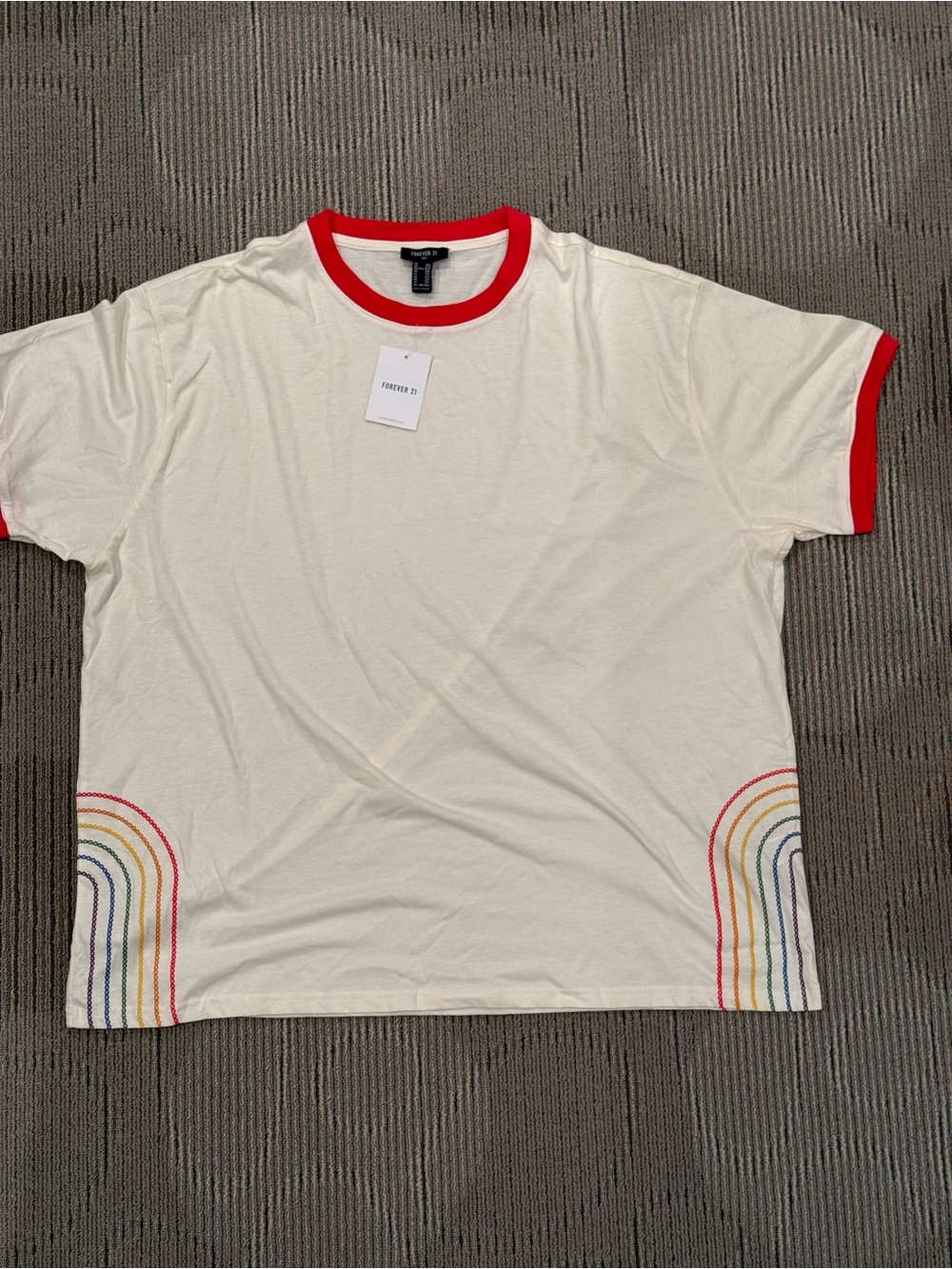 Forever 21 Cream Short-Sleeve Ringer Tee with Red Trim and Rainbow Stitch